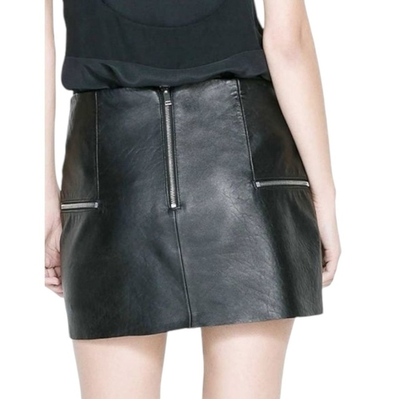 Women Skirt ZARA Black Lambskin Silver Zip Decoration Mini Skirt Leather Skirt - Picture 3 of 8